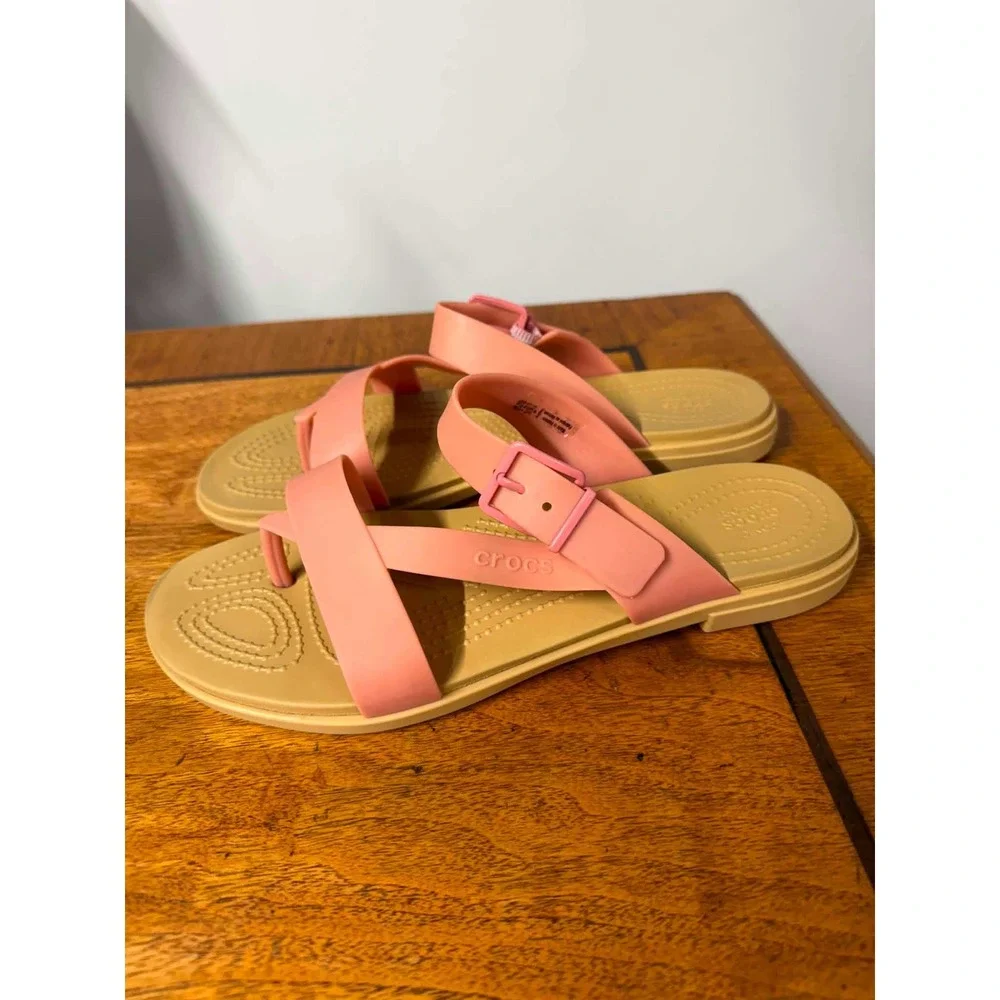 Crocs Tulum Sandal Pink Tan Ankle Strap Buckle Thong Flat Shoes Womens 9